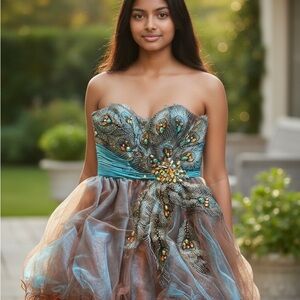 Elegant Strapless Dress with Peacock Feather Design